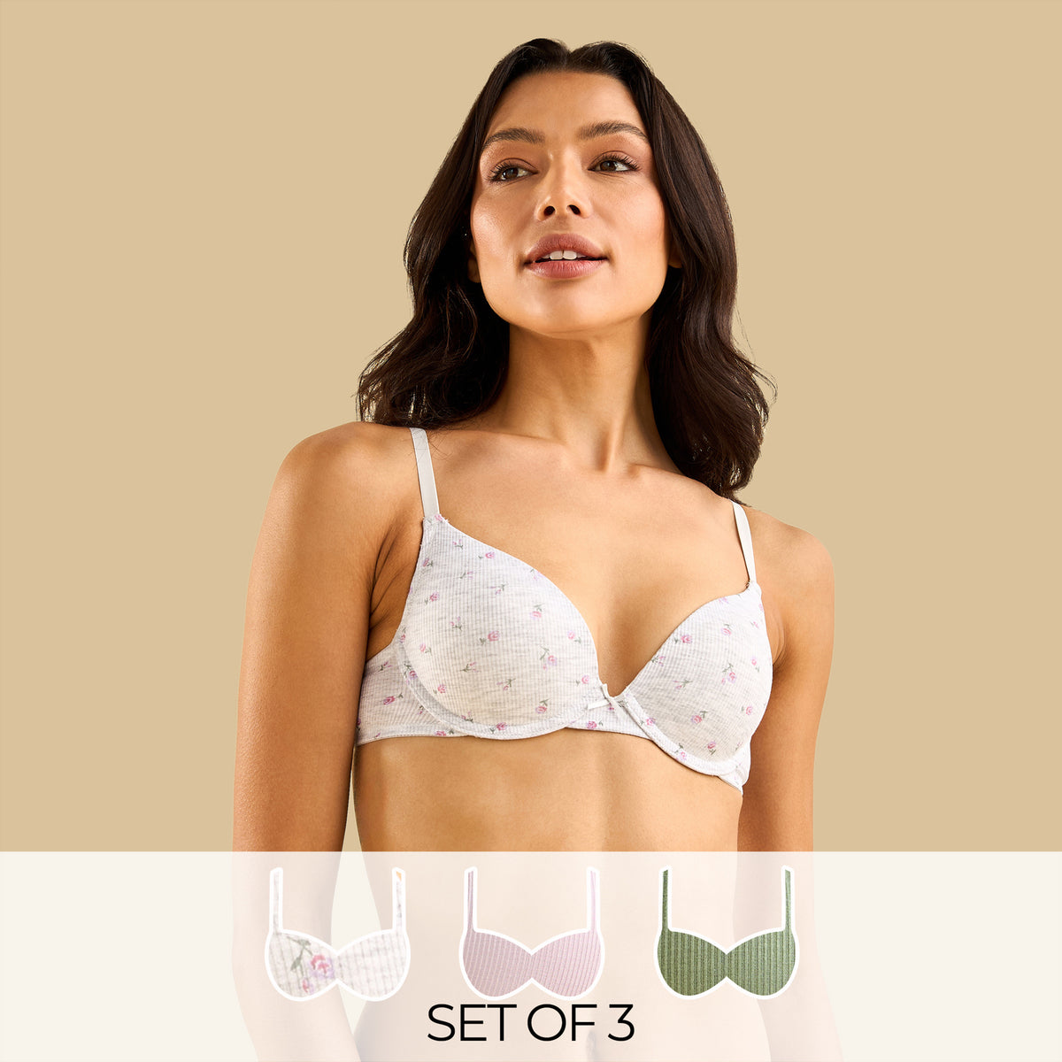 Pack of 3 - Ribbed Microfiber Padded Wired Plunge Bra