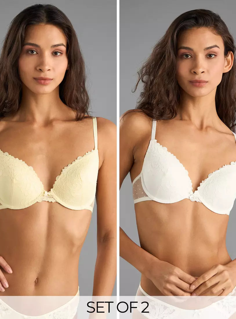 Pack of 2 - Flower Lace Plunge Bra with Hook and Loop Closure