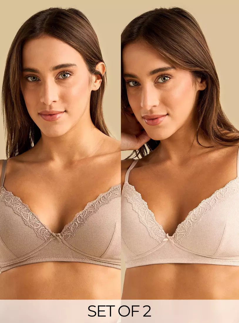 Pack of 2 - Ribbed Padded Non-Wired A-frame Bra