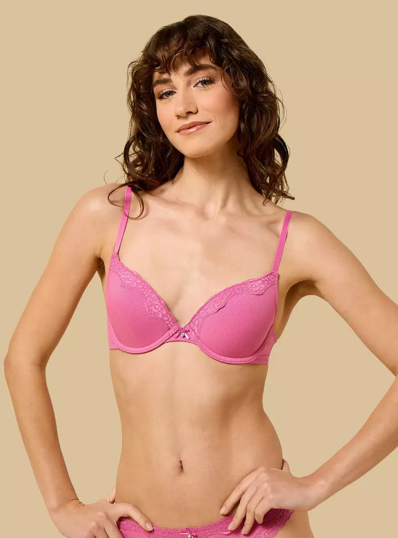 Ribbed Microfibre Padded Plunge Bra