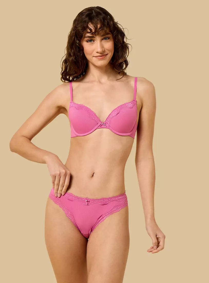 Ribbed Microfibre Padded Plunge Bra
