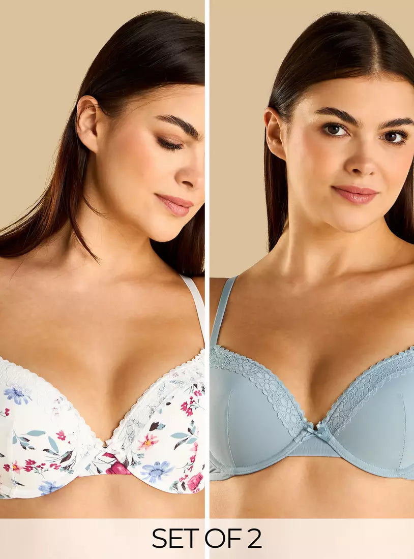 Pack of 2 - Lace Trim Padded Plunge Bra