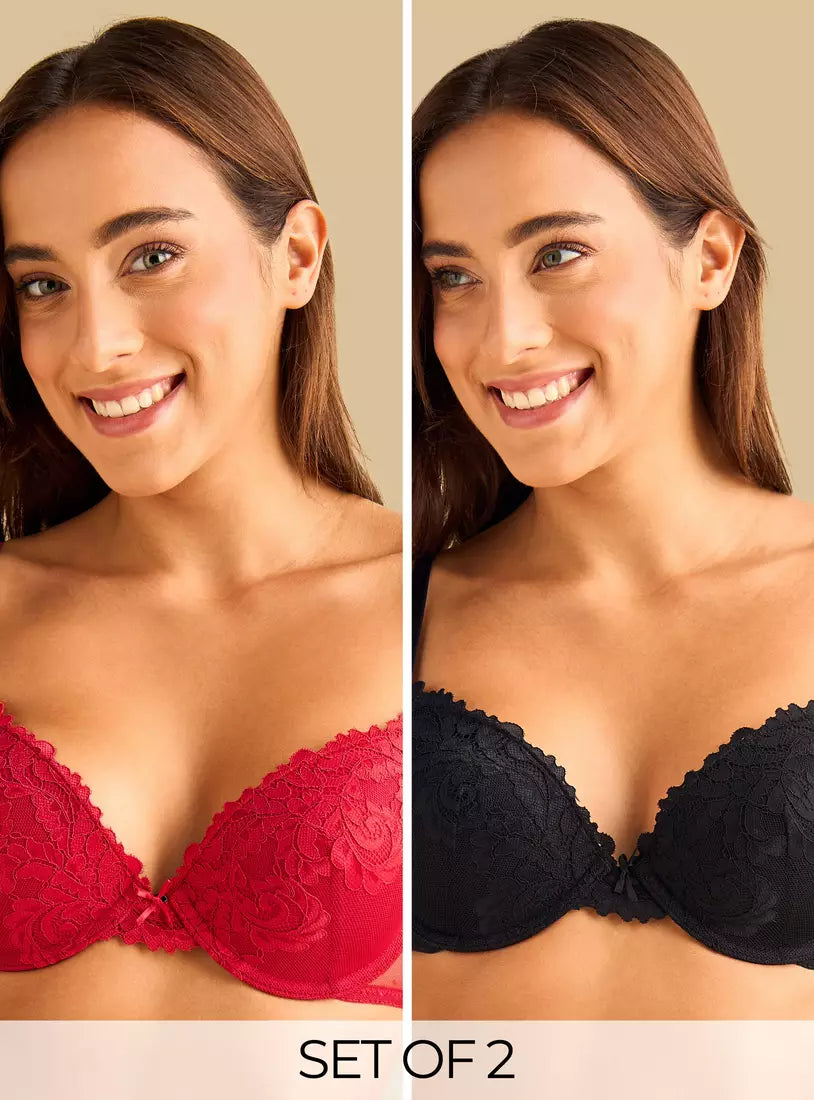 Pack of 2 - Lace Textured Plunge Bra RED & Black