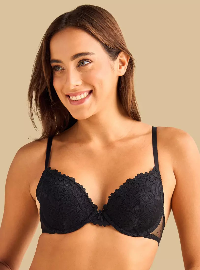 Pack of 2 - Lace Textured Plunge Bra RED & Black