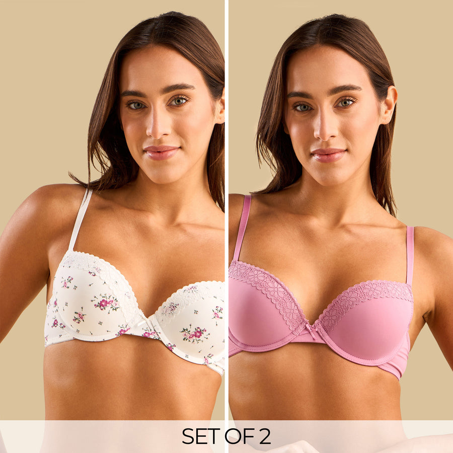 Lace Push-Up Wired Demi Bra White Floral