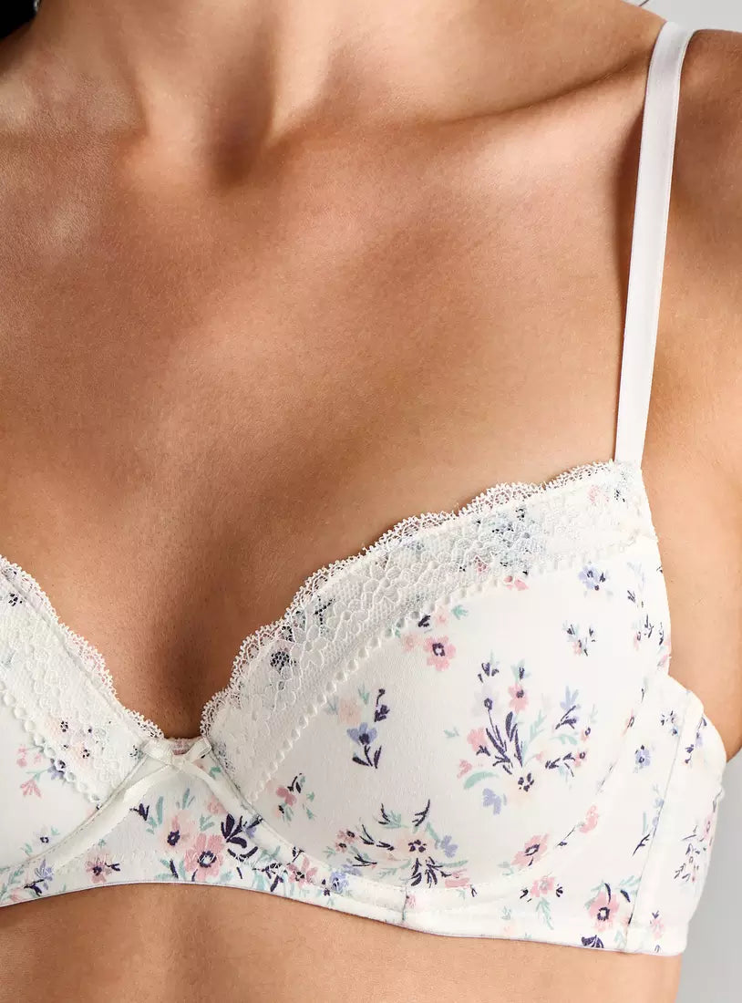 Floral Print Demi Bra with Lace Detail
