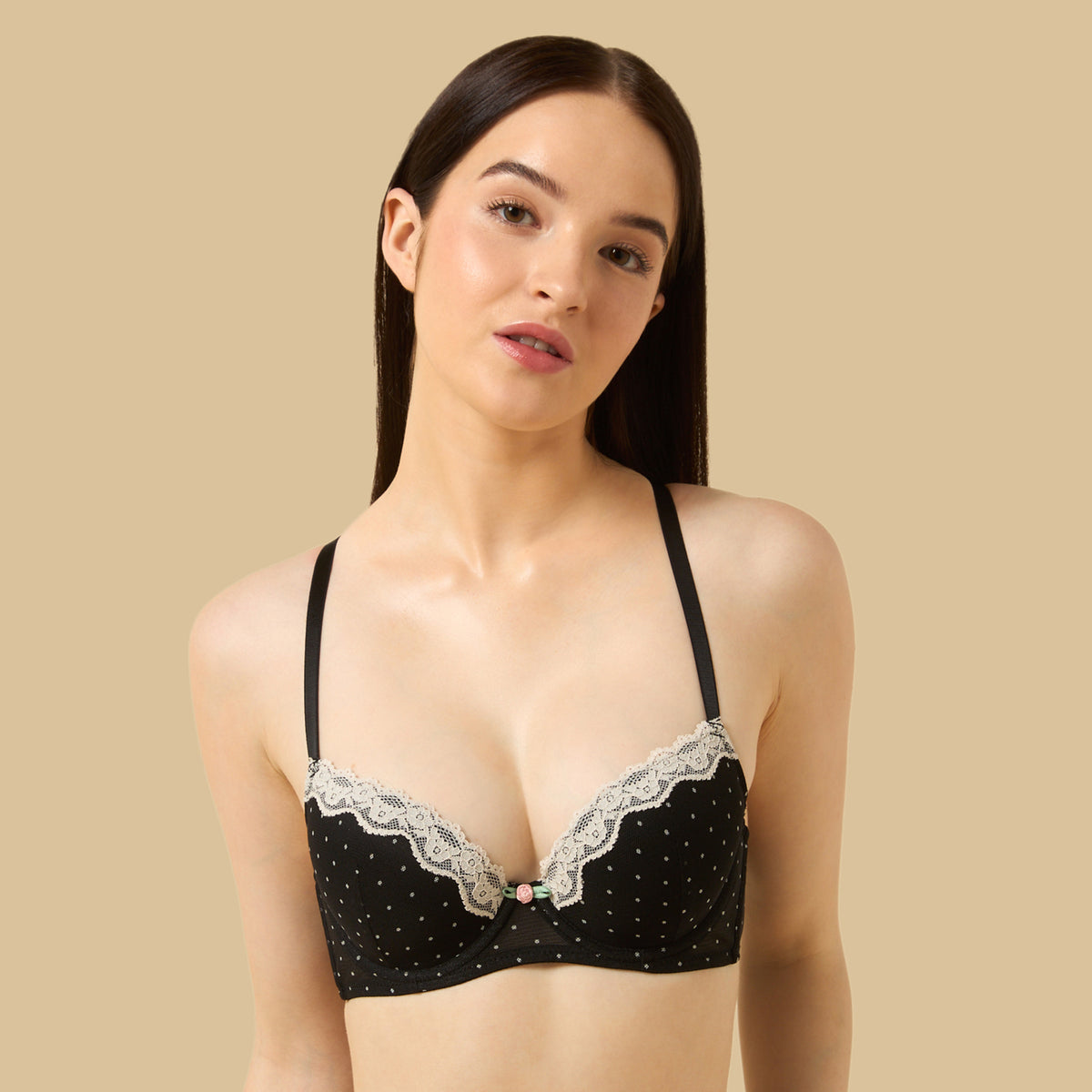 Polka Dot Print Lace Trim Push-Up Wired Demi Bra
