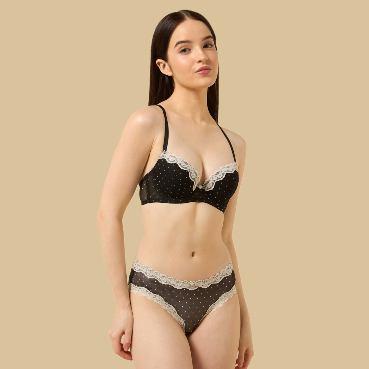 Polka Dot Print Lace Trim Push-Up Wired Demi Bra