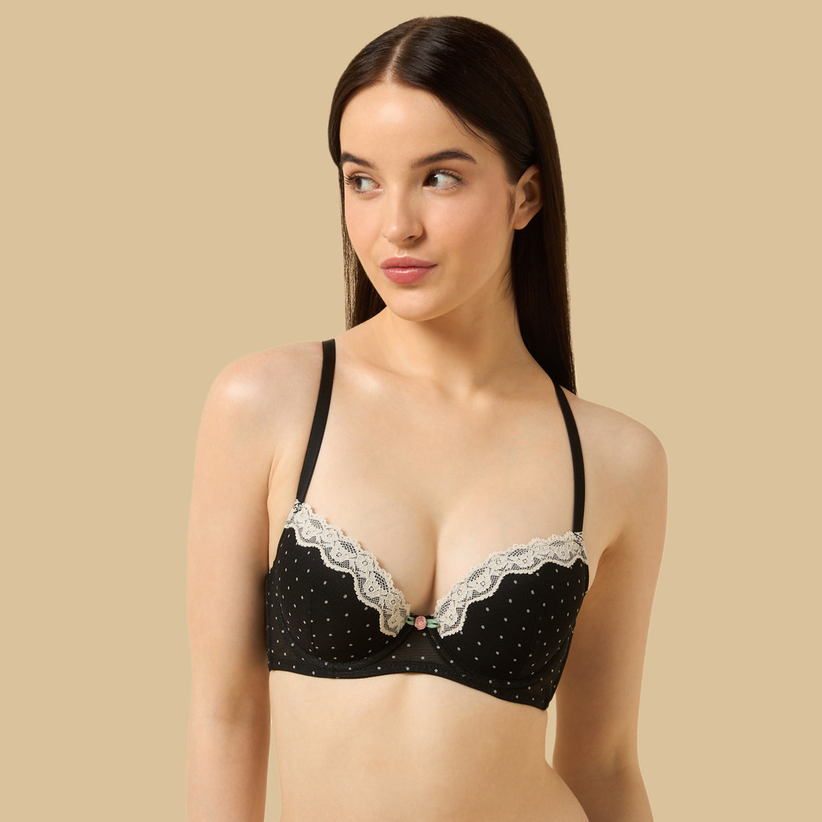 Polka Dot Print Lace Trim Push-Up Wired Demi Bra