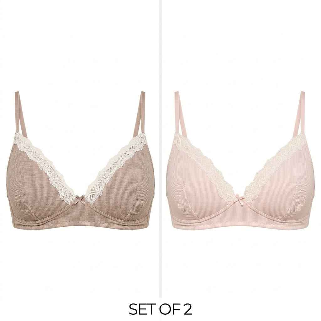 Pack of 2 - Lace Trim Padded Non-Wired A-frame Bra