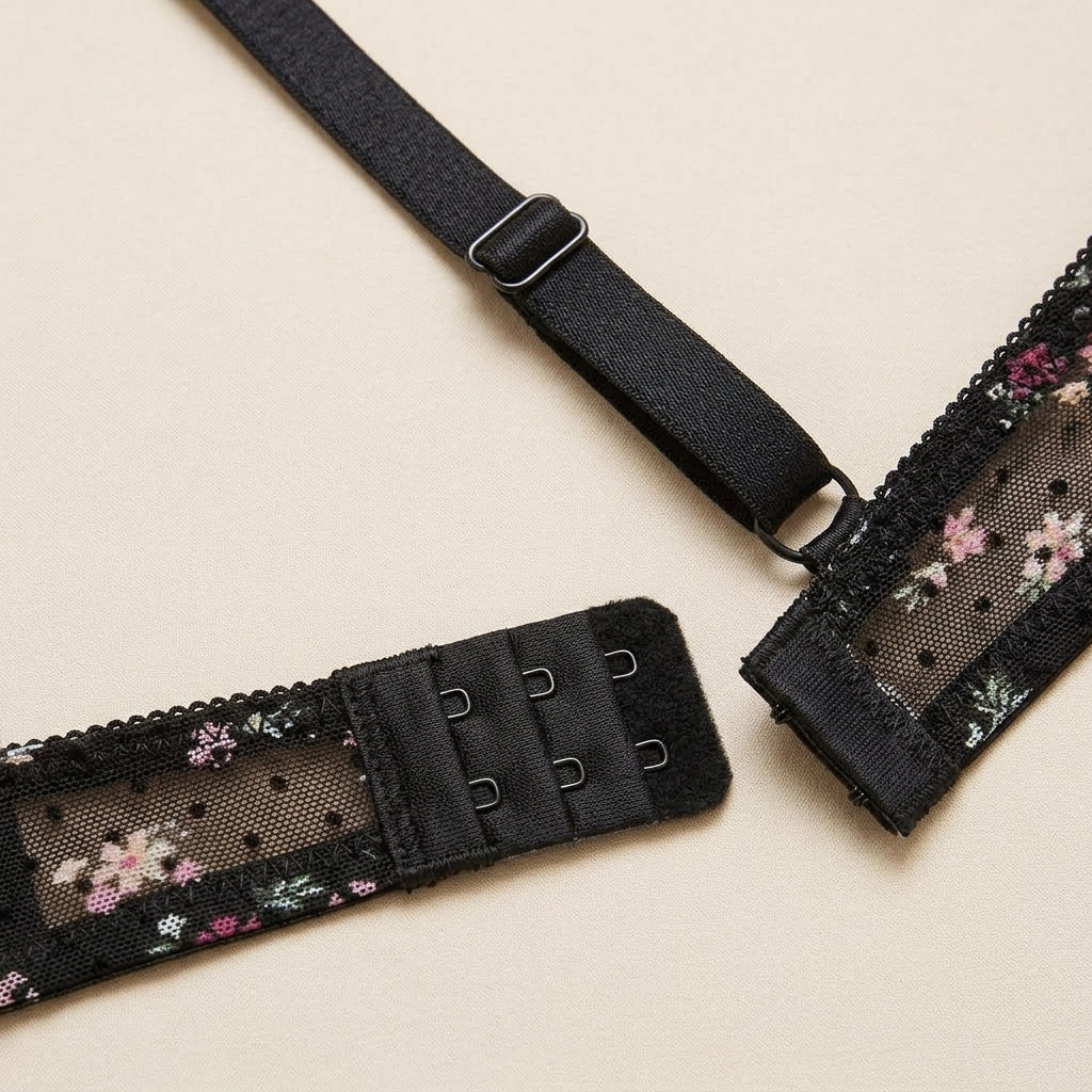 Floral Print Flock Mesh Plunge Bra