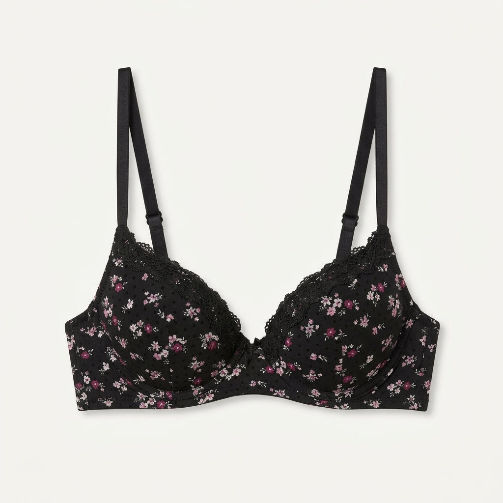 Floral Print Flock Mesh Plunge Bra