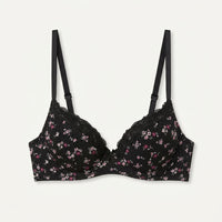 Floral Print Flock Mesh Plunge Bra