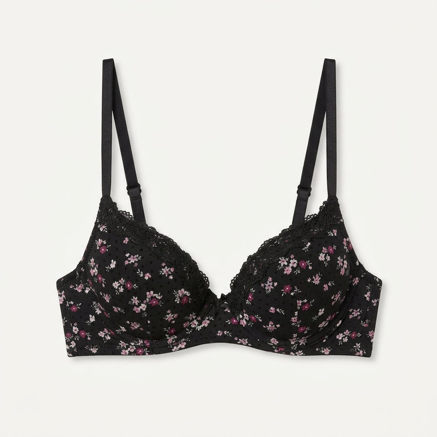 Floral Print Flock Mesh Plunge Bra