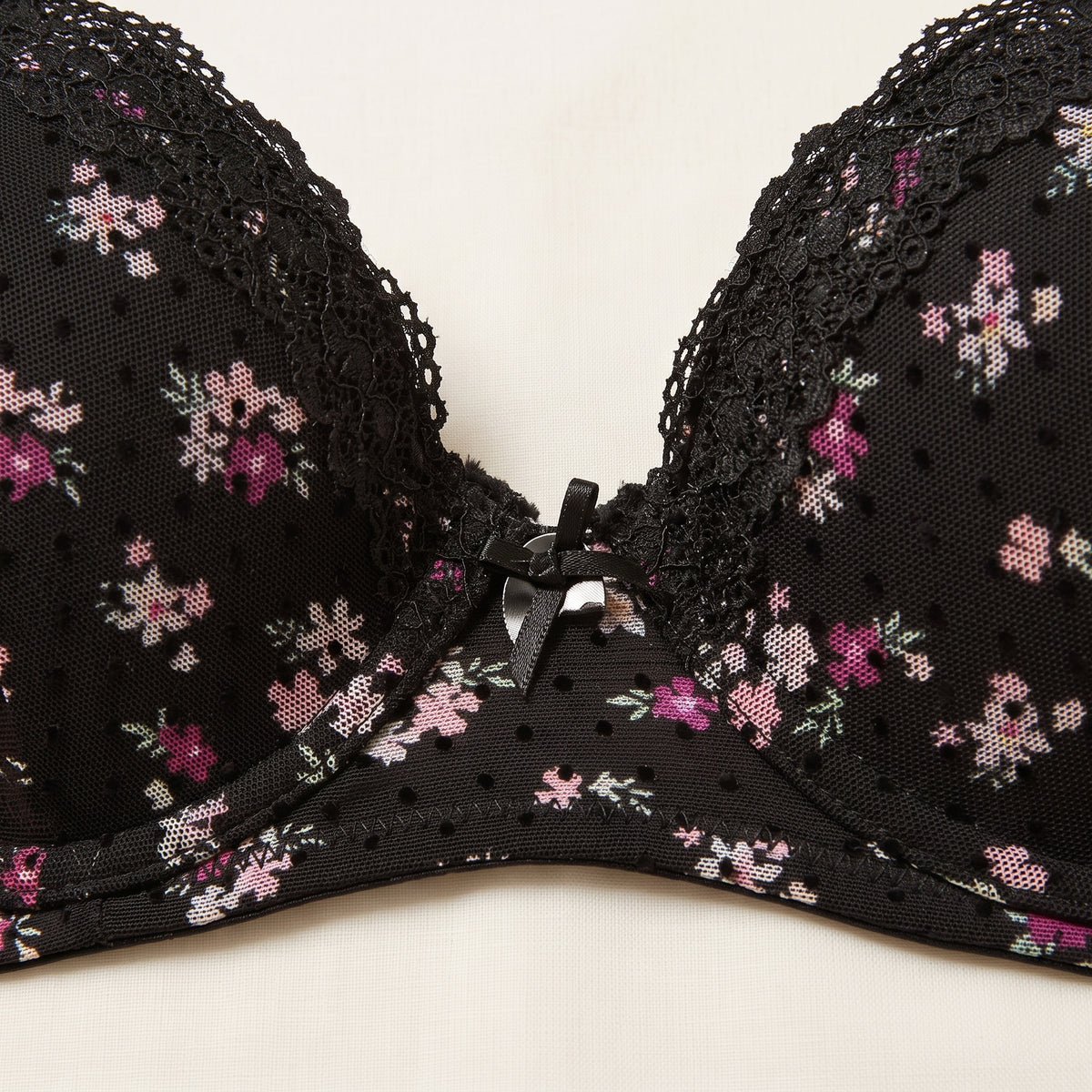 Floral Print Flock Mesh Plunge Bra
