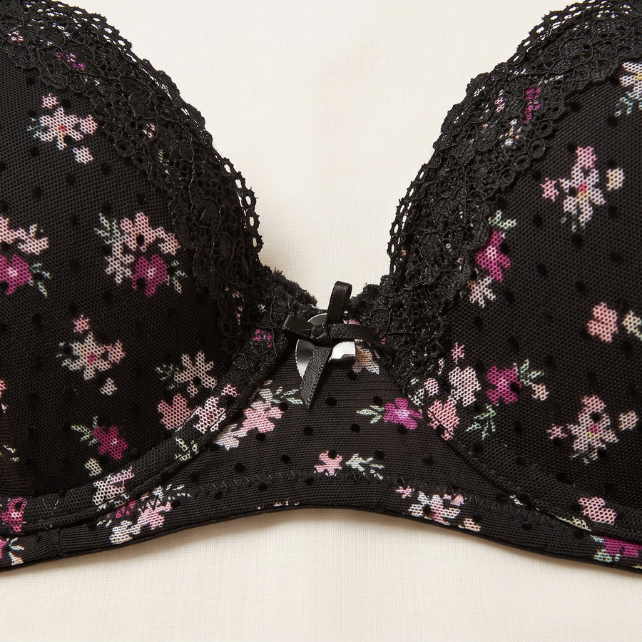 Floral Print Flock Mesh Plunge Bra
