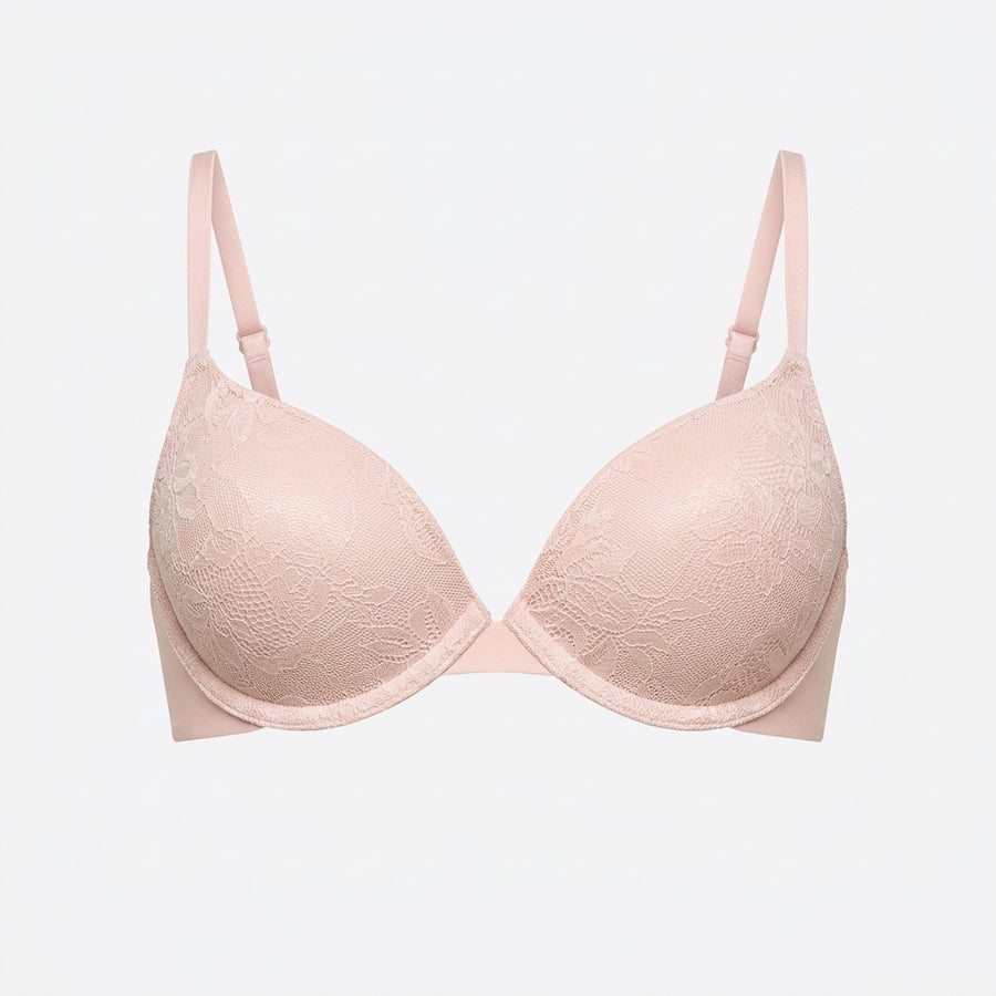 Jacquard Padded Wired Plunge Bra (Pink)
