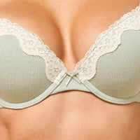 Lace Trim Pointelle 100% Cotton Wired Plunge Bra
