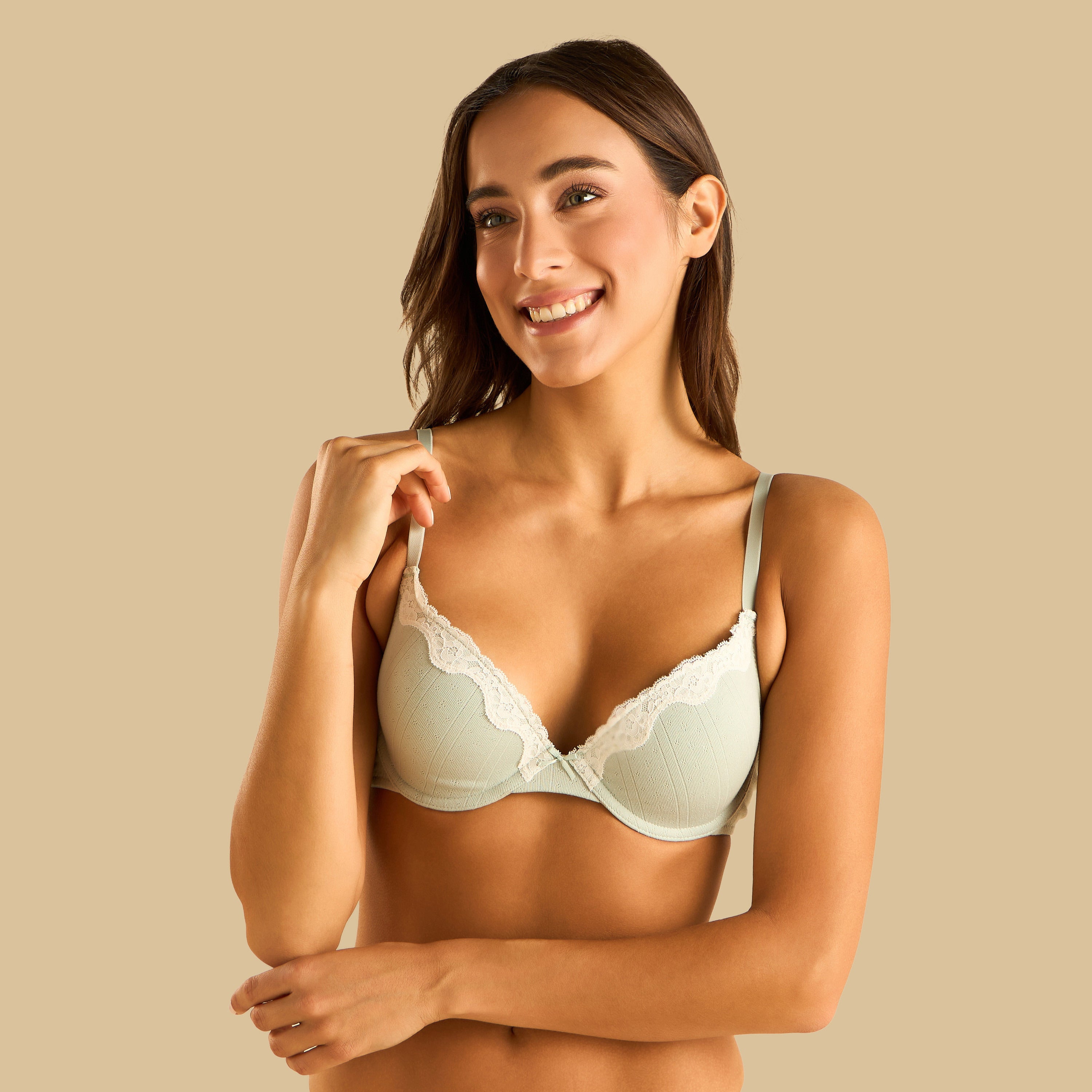 Lace Trim Pointelle Padded Wired Plunge Bra
