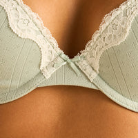 Lace Trim Pointelle Padded Wired Plunge Bra