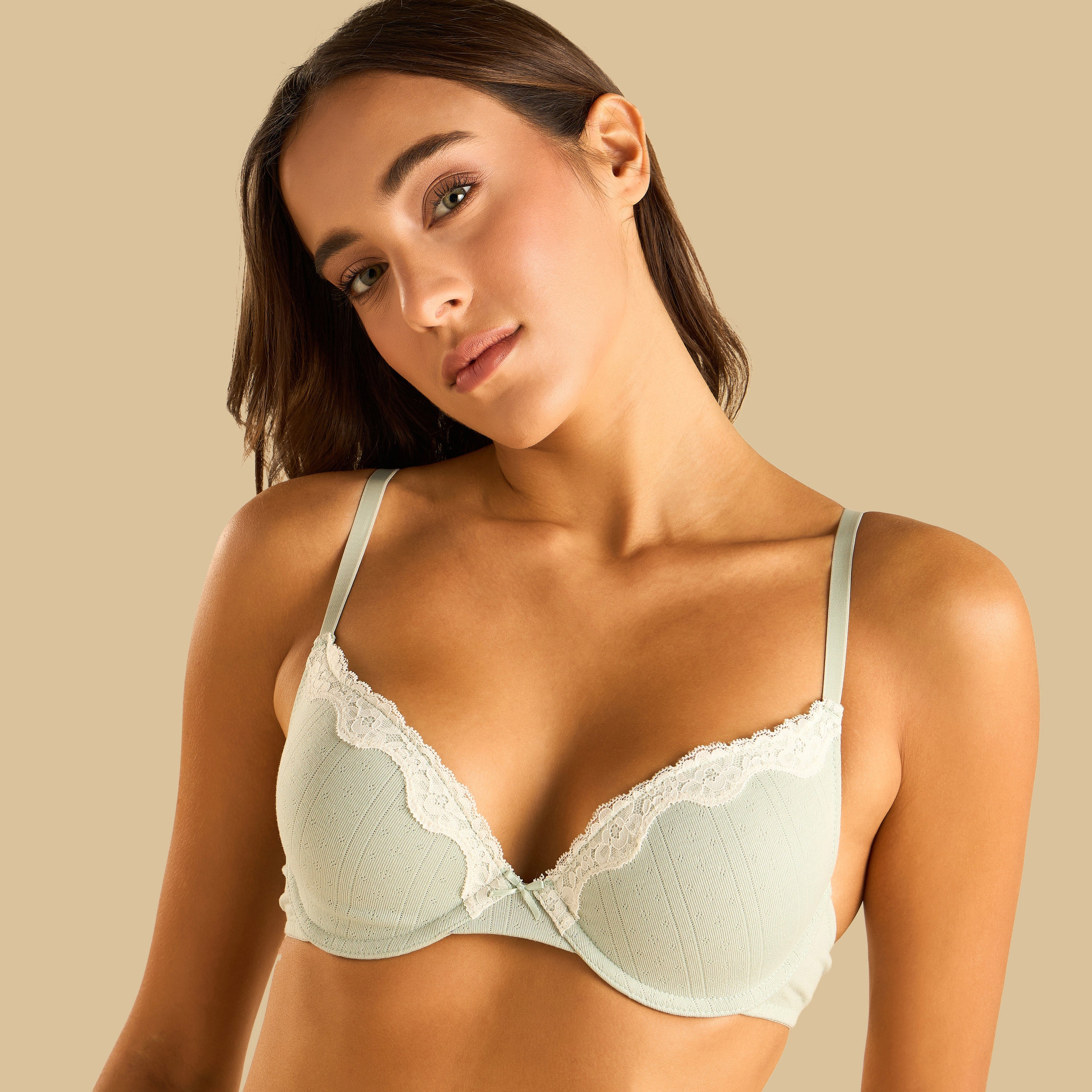 Lace Trim Pointelle Padded Wired Plunge Bra