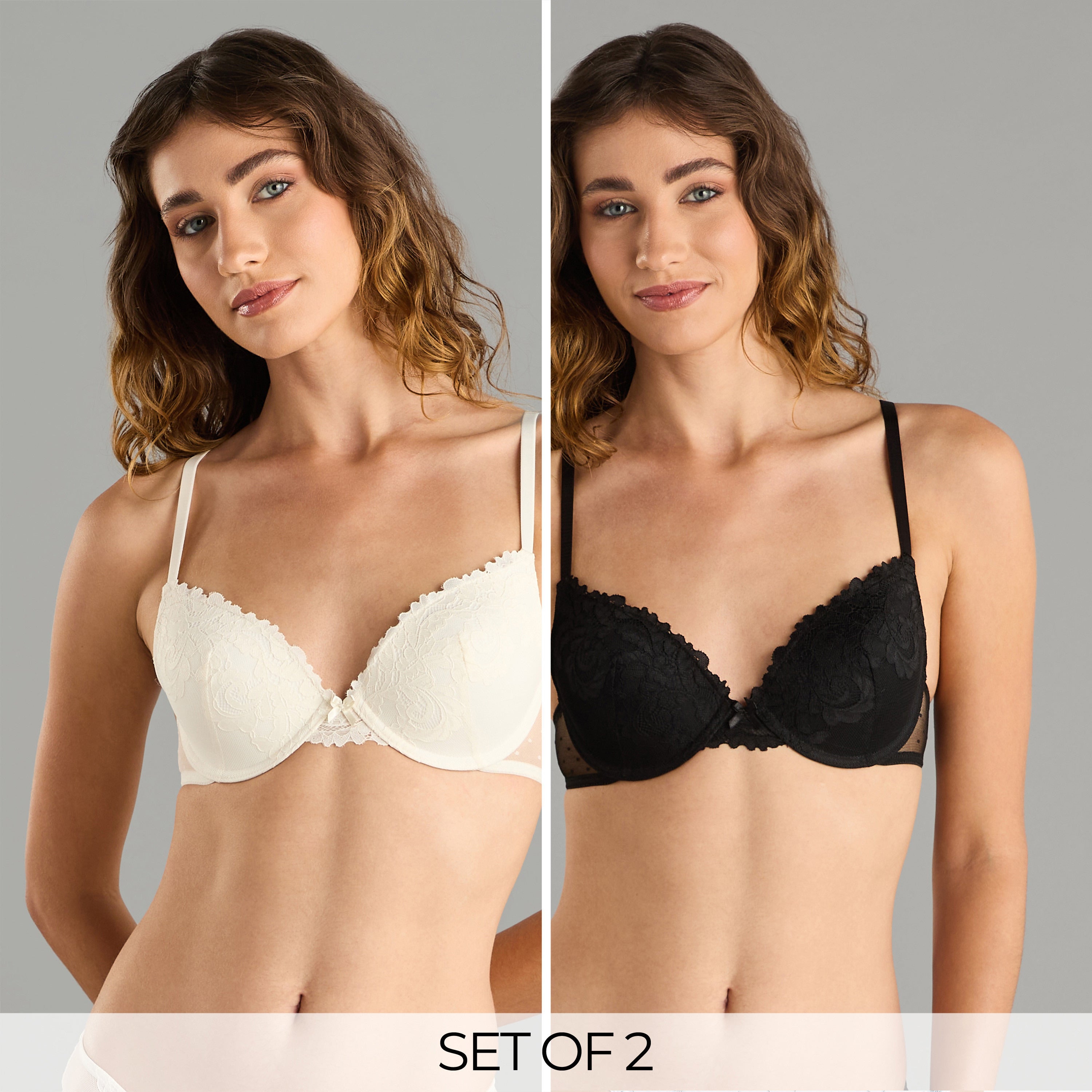 2-pack of Lace Textured Padded Underwired Plunge Bras